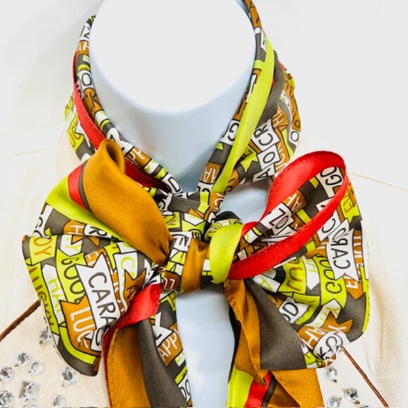 Cara Cruz Accessories - Vintage Cara Cruz 100%  silk Satin scarf 70" x23" Flag Style Colorfull logo (40)